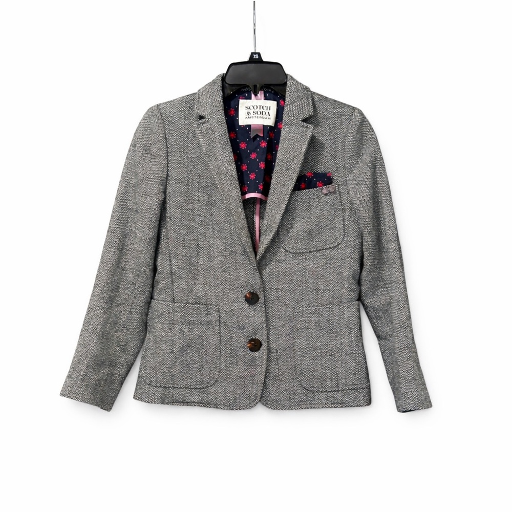 Scotch & Soda Girls Sz 14 Wool Blend Herringbone Tweed Blazer Jacket Pink Floral